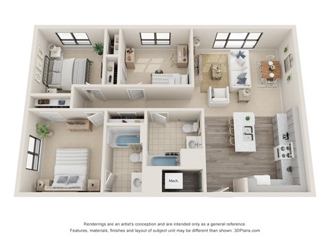 Floor plan for 3 beds, 2 baths, 1124 sqft